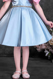 Powder Blue Party Wear Frock with Pink Bow Appliqué And Flared Skirt For Girls