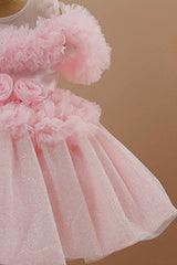 Pink Shimmer Frock With Floral Embellished For Girls