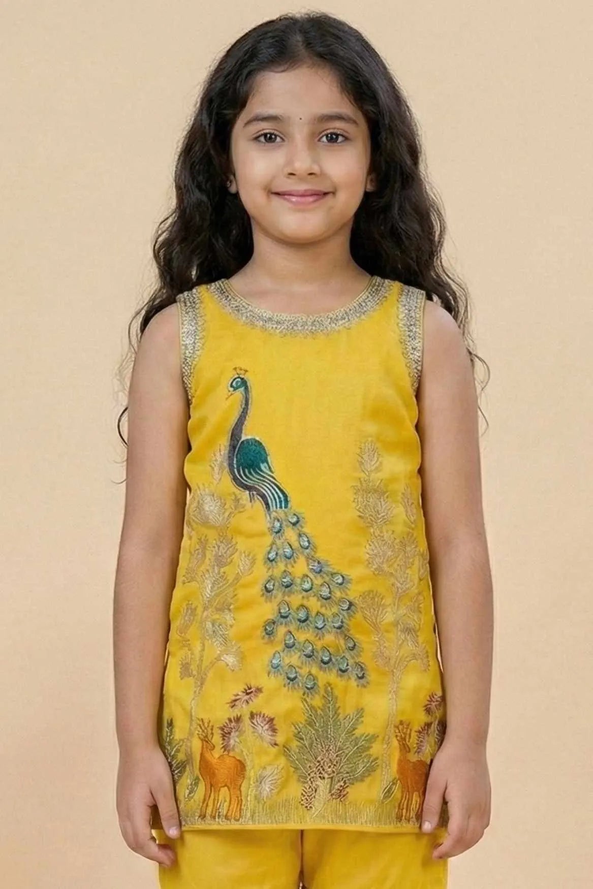 Mustard Yellow Peacock Embroidered Sharara Set with Dupatta For Girls