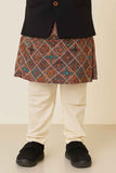 Multicolor Printed Kurta Pyjama Set with Black Nehru Jacket for Boys