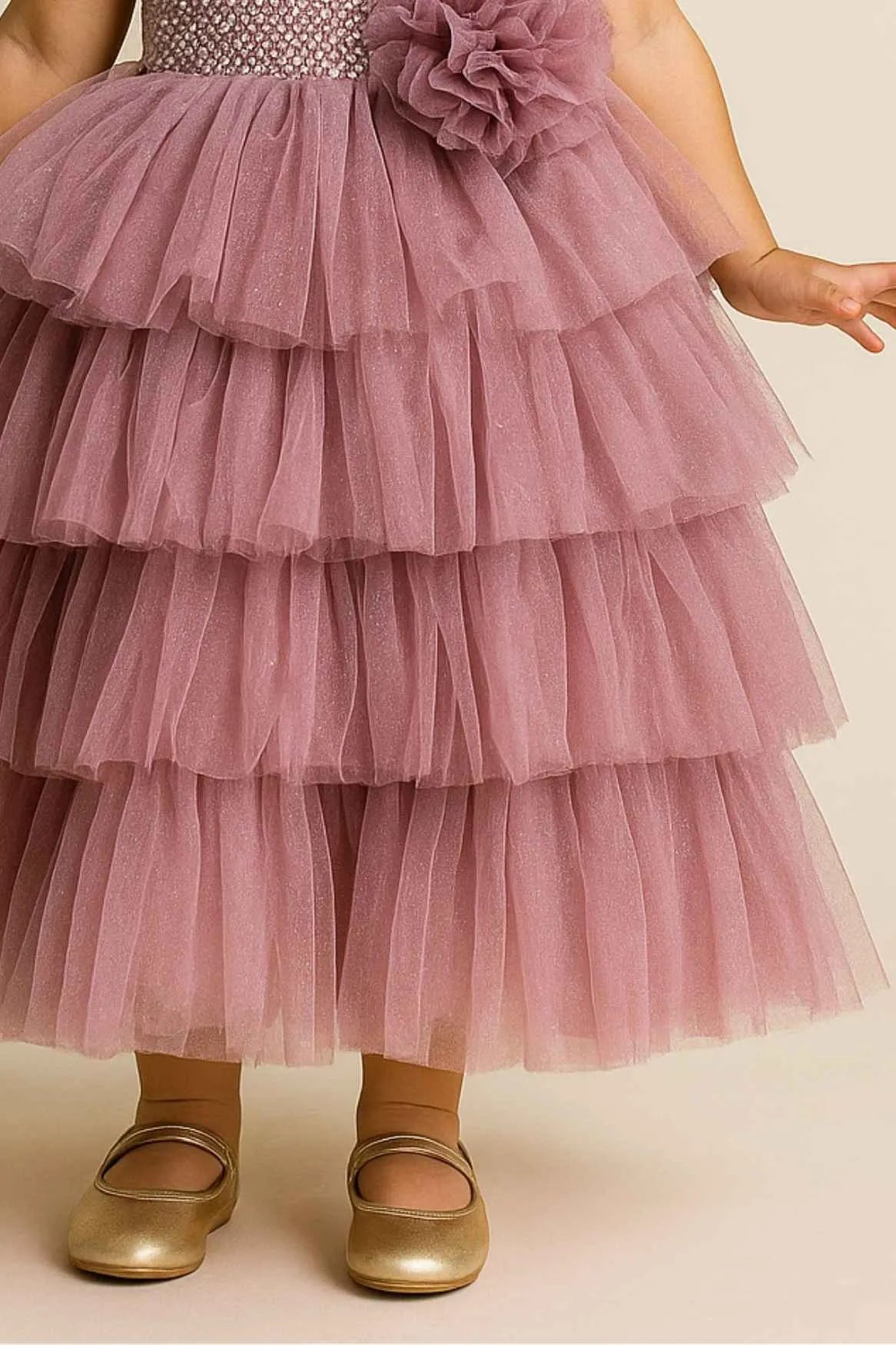 Pink Tiered Ruffle Gown With Sequin Bodice And Flower Appliqué For Girls