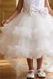 White Ruffle Party Gown with Sequin Bows and High-Low Hem For Girls