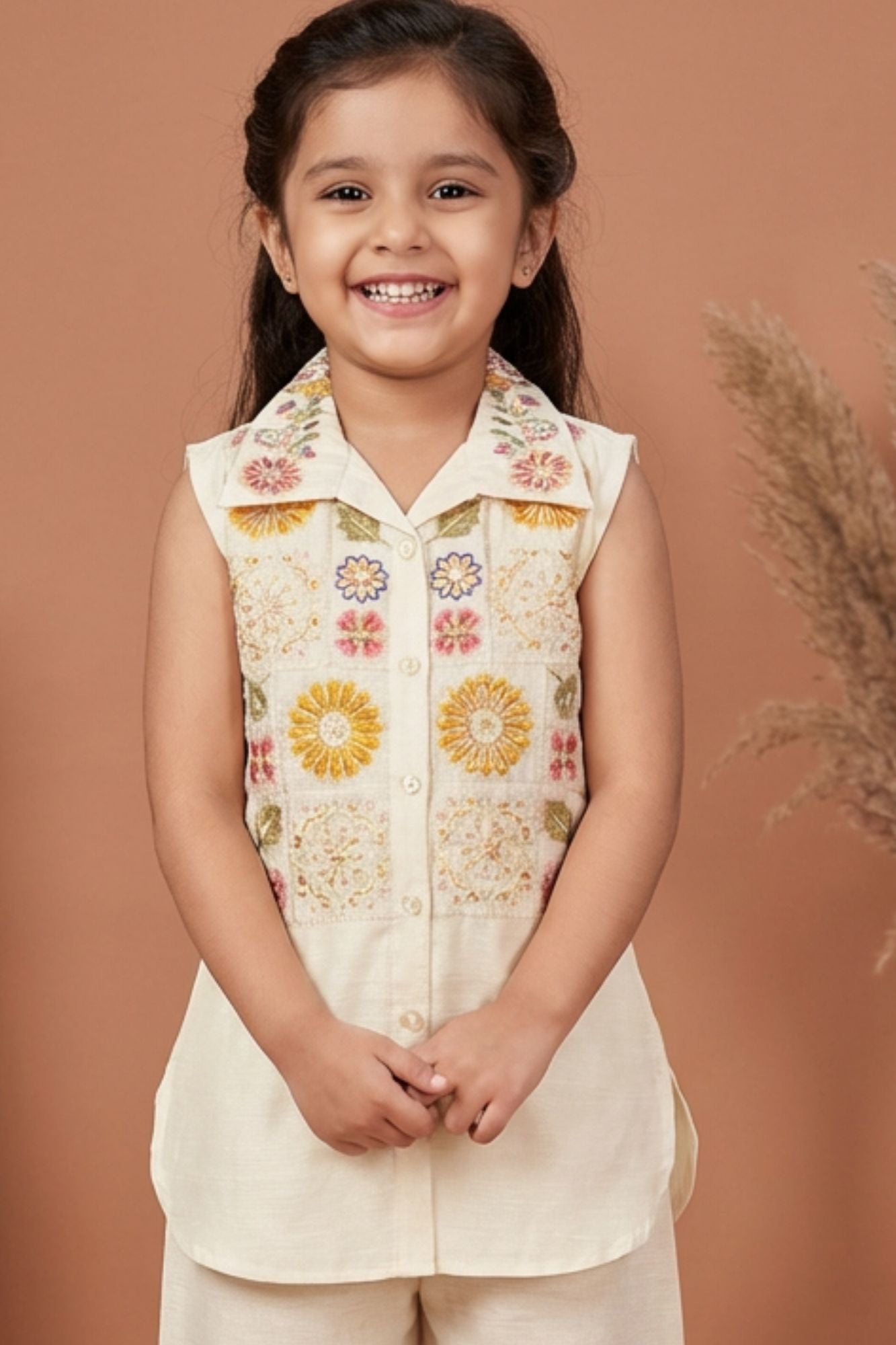 Beige Embroidered Palazzo Set For Girls