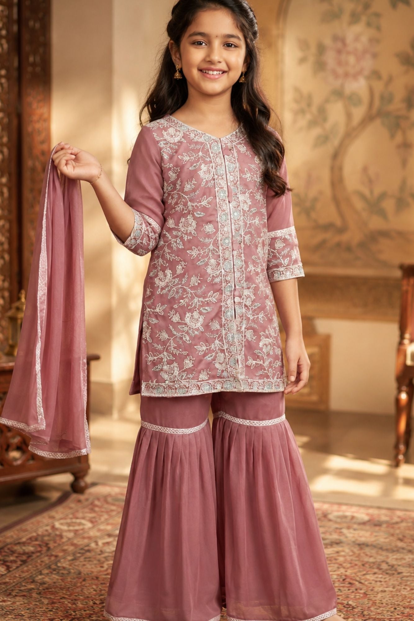 Mauve Thread Embroidered Short Kurti with Sharara and Dupatta For Girls