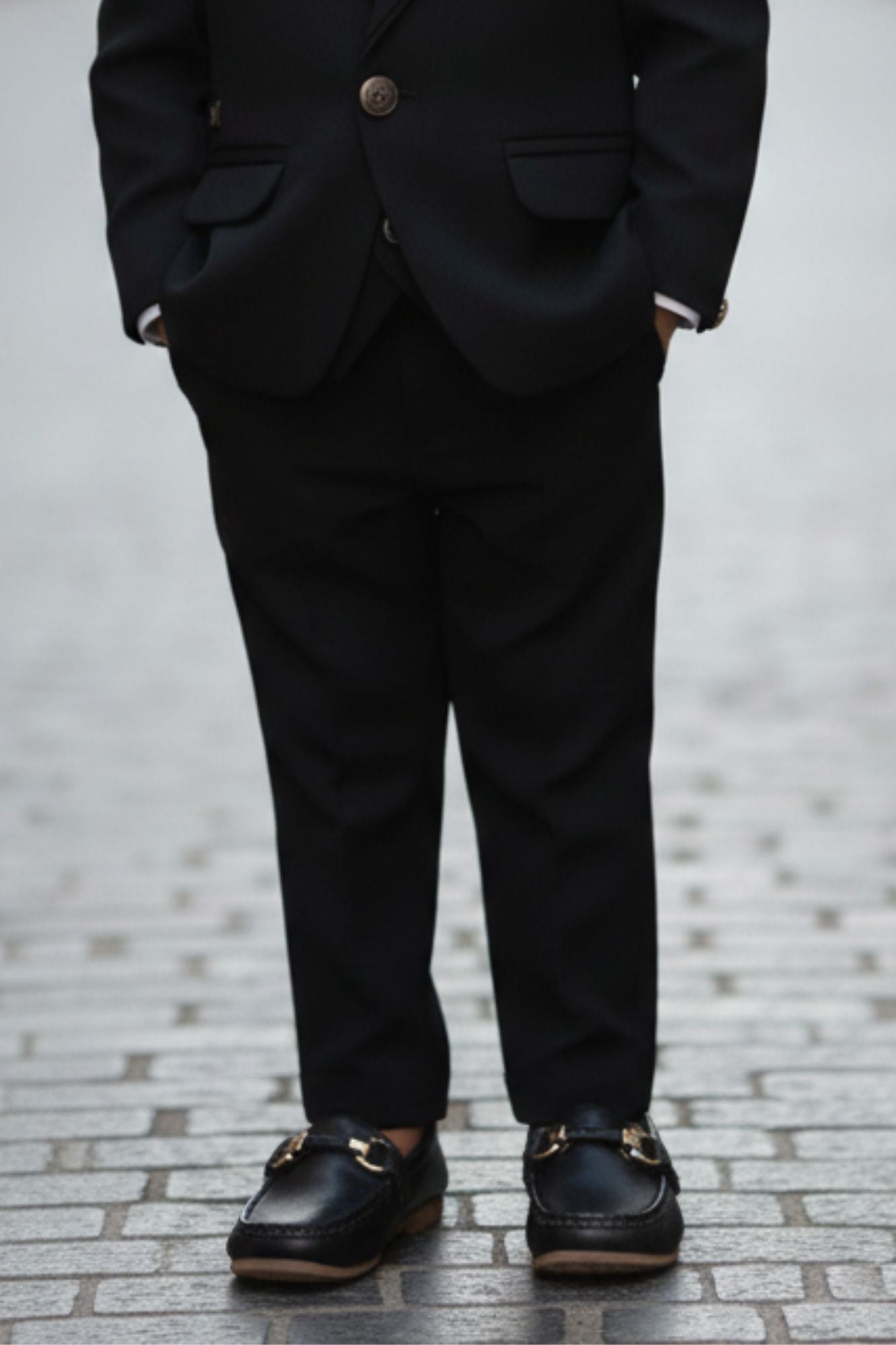 Classic Black Four Pc Suite With White Shirt Embossed Waist Coat Set For Boys