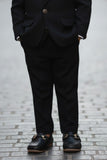 Classic Black Four Pc Suite With White Shirt Embossed Waist Coat Set For Boys