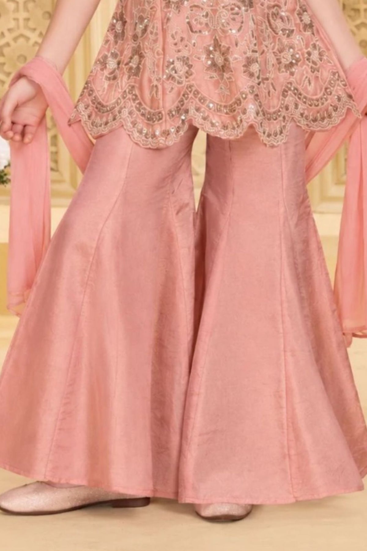 Girls Elegant Pink Floral Embroidered Palazzo Set