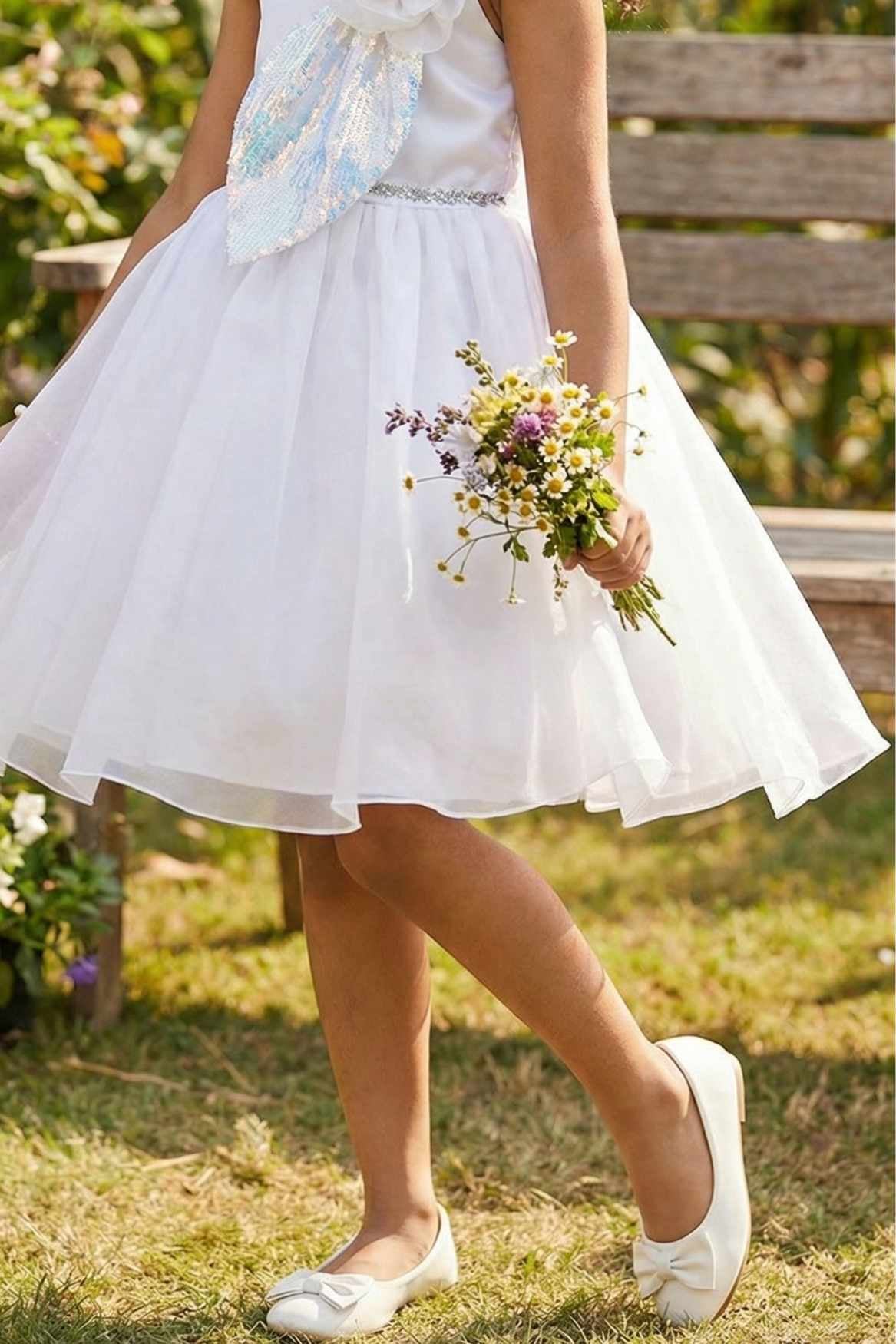 White Party Frock With Sequin Bow And 3D Flower Detail For Girls