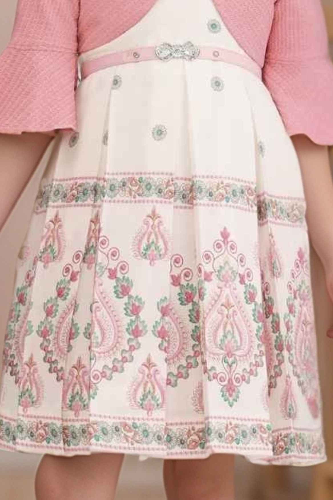 Pink And Cream Printed Casual Dress With Overcoat For Girls