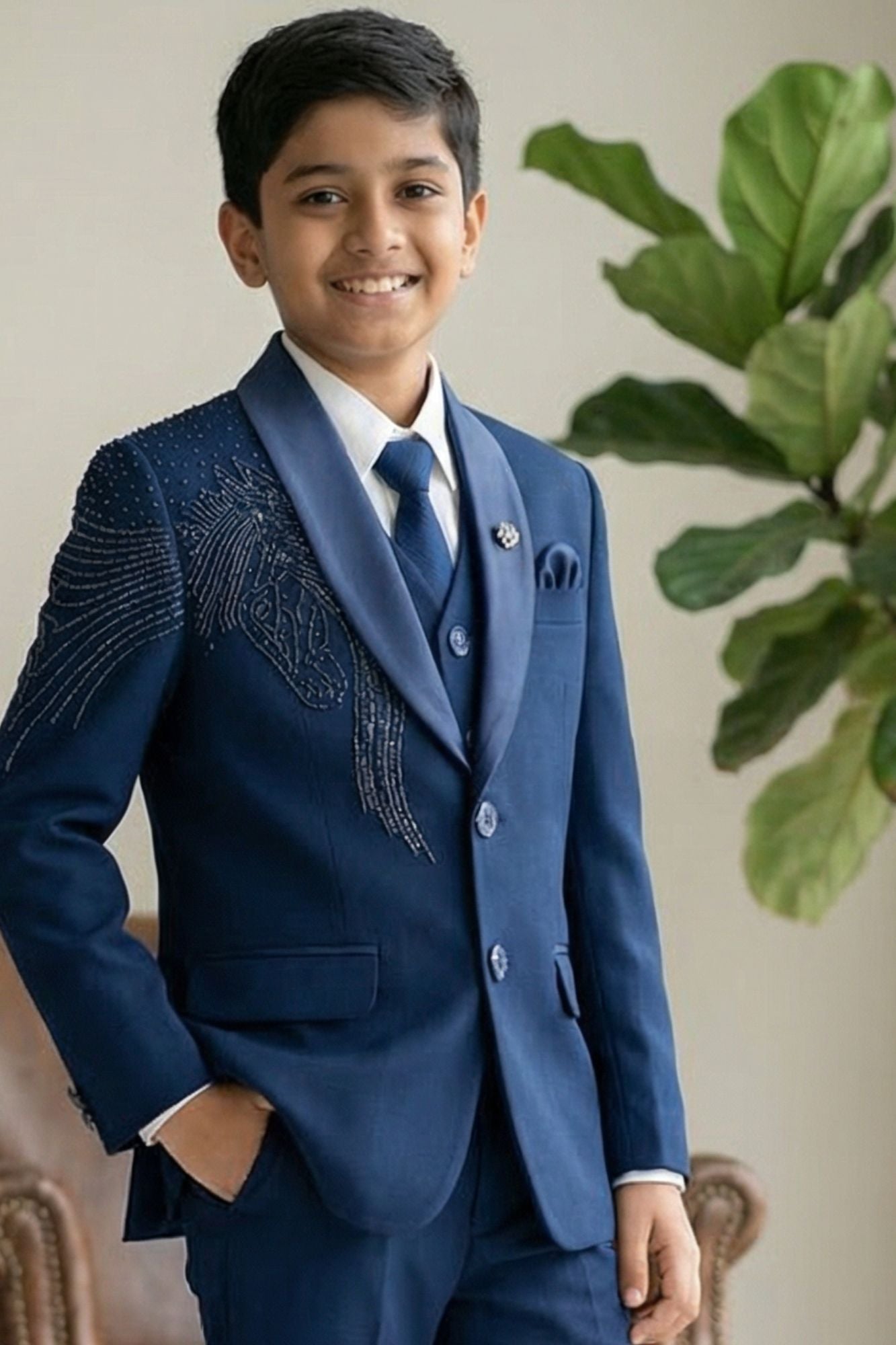 Blue Embroidered 5-Piece Suit Set For Boys