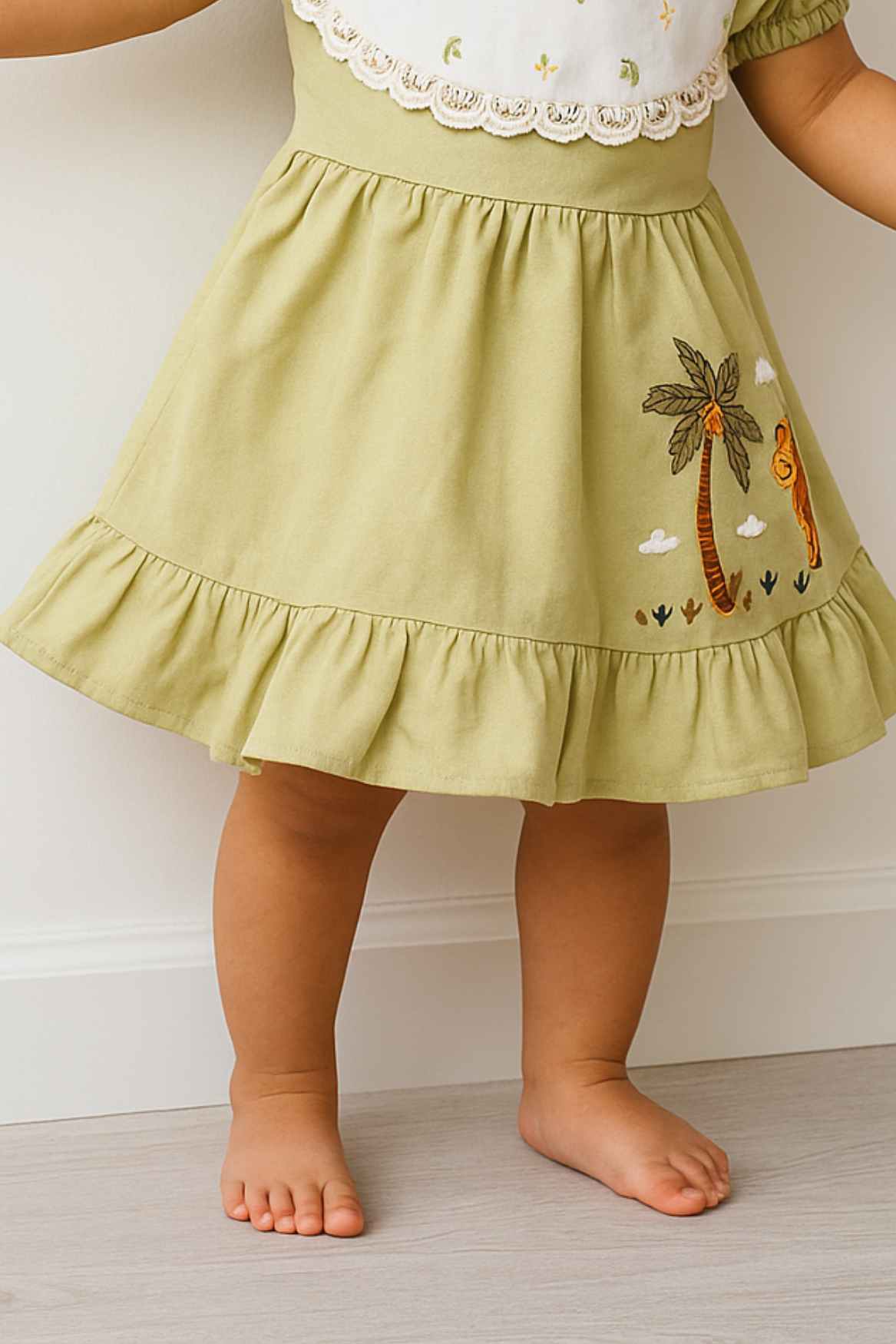 Olive Green Embroidered Cotton Frock With Puff Sleeves For Girls