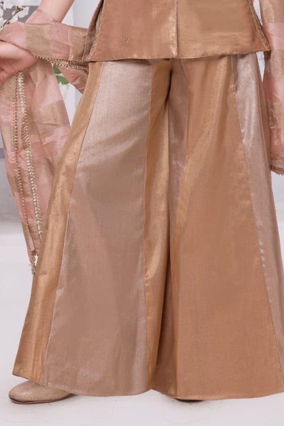 Elegant Girls Champagne Gold Embroidered Palazzo Set with Dupatta For Festive Wear
