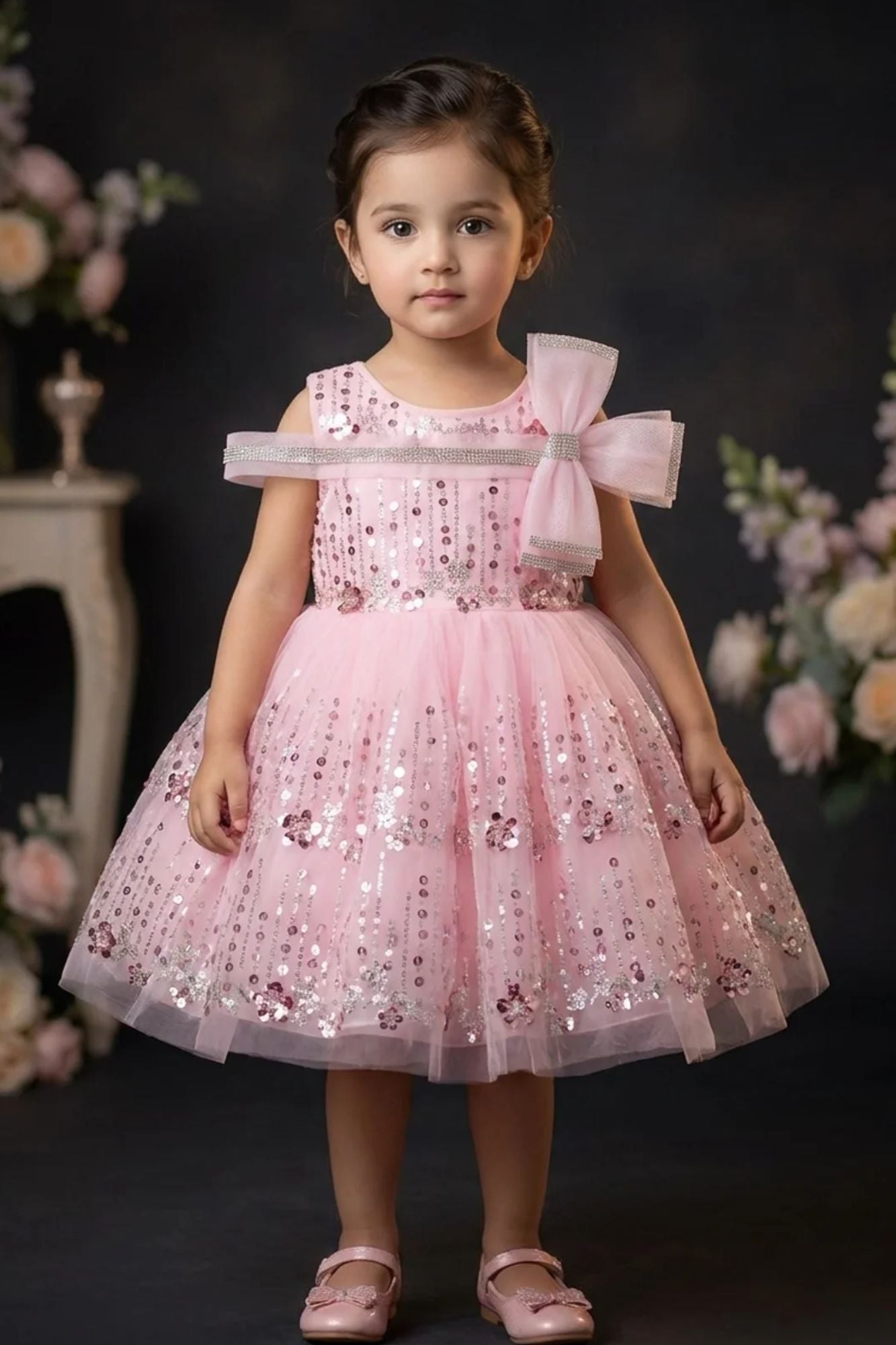 Girls Pink Sequinned Party Wear Frock with Bow Detail