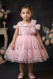 Girls Pink Sequinned Party Wear Frock with Bow Detail