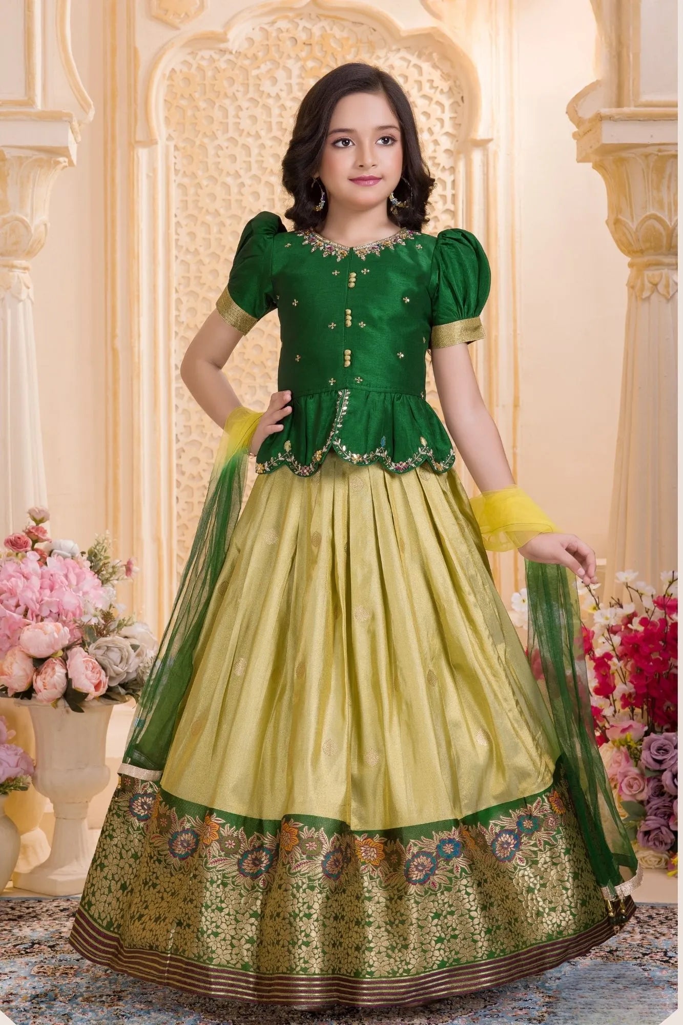 Emerald Green Embroidered Pattu Pavadai Set with Zari Work For Girls