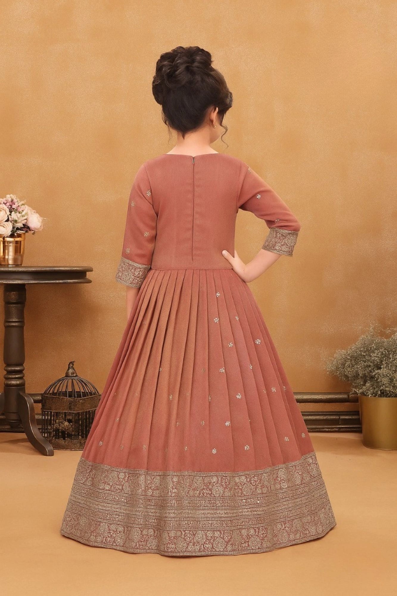 Rust Embroidered Long Ethnic Gown with Dupatta For Girls