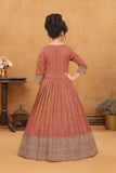 Rust Embroidered Long Ethnic Gown with Dupatta For Girls
