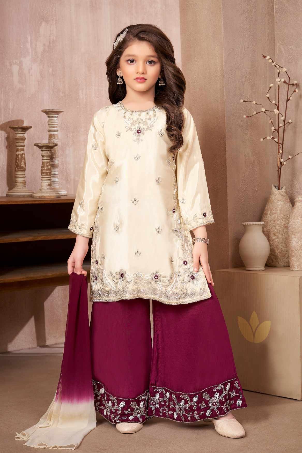 Cream Embroidered Kurti Wine Palazzo Set with Dupatta for Girls