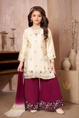 Cream Embroidered Kurti Wine Palazzo Set with Dupatta for Girls