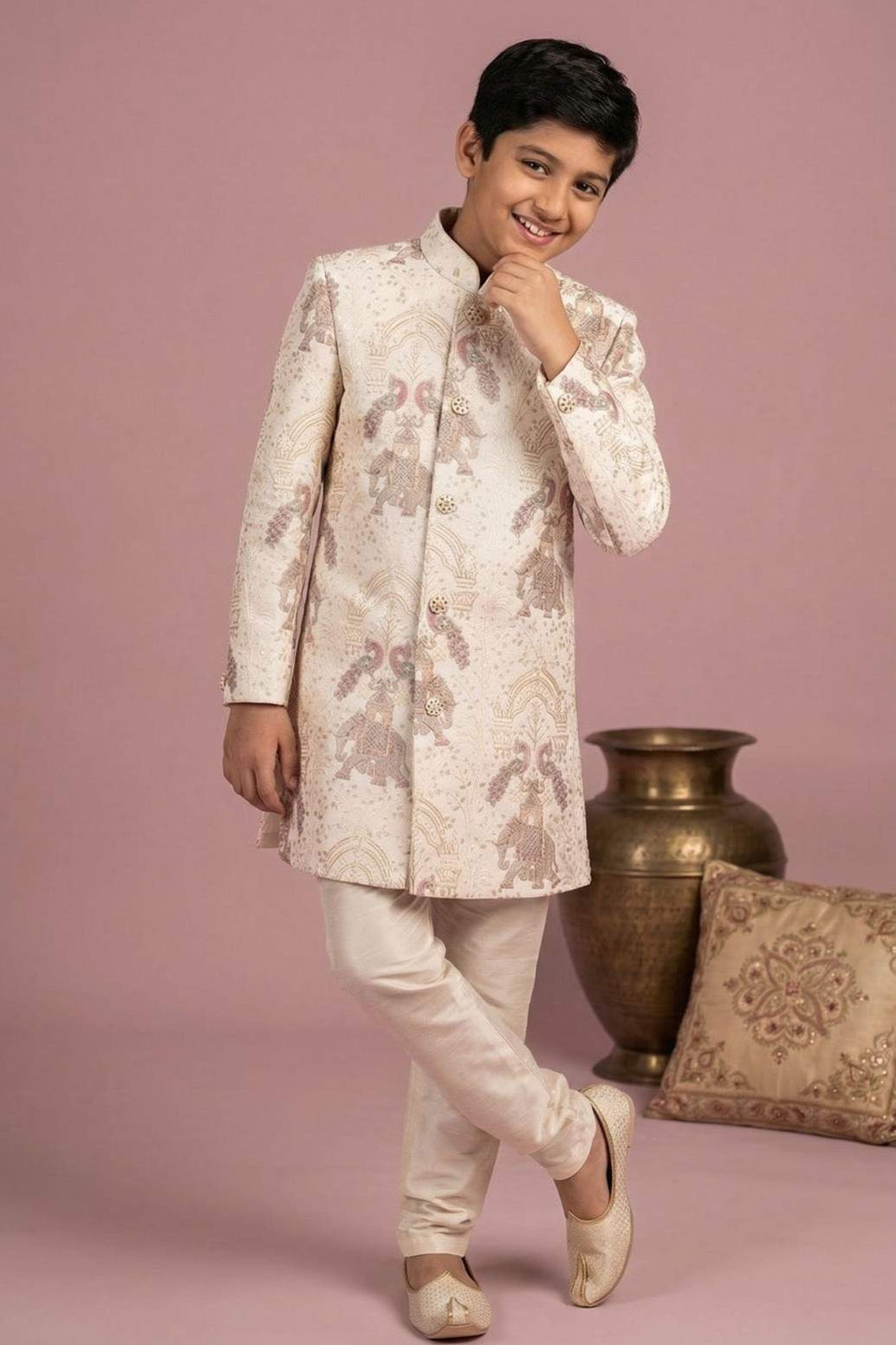 Ivory Heritage Embroidered Sherwani Set For Boys