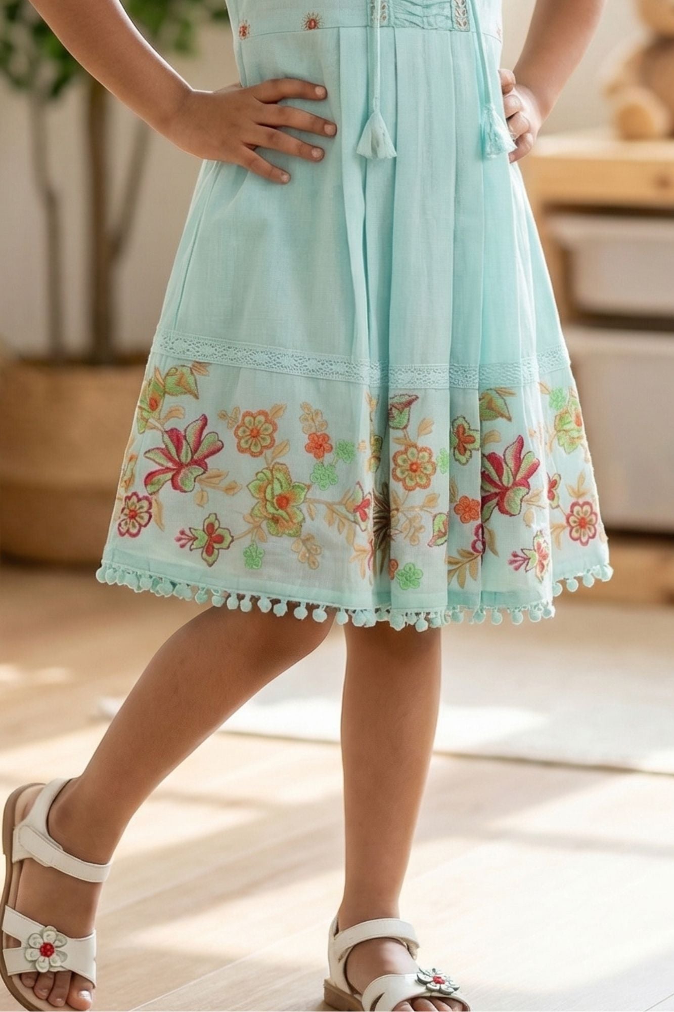 Sky Blue Floral Embroidered Frock With Ruffle Straps For Girls