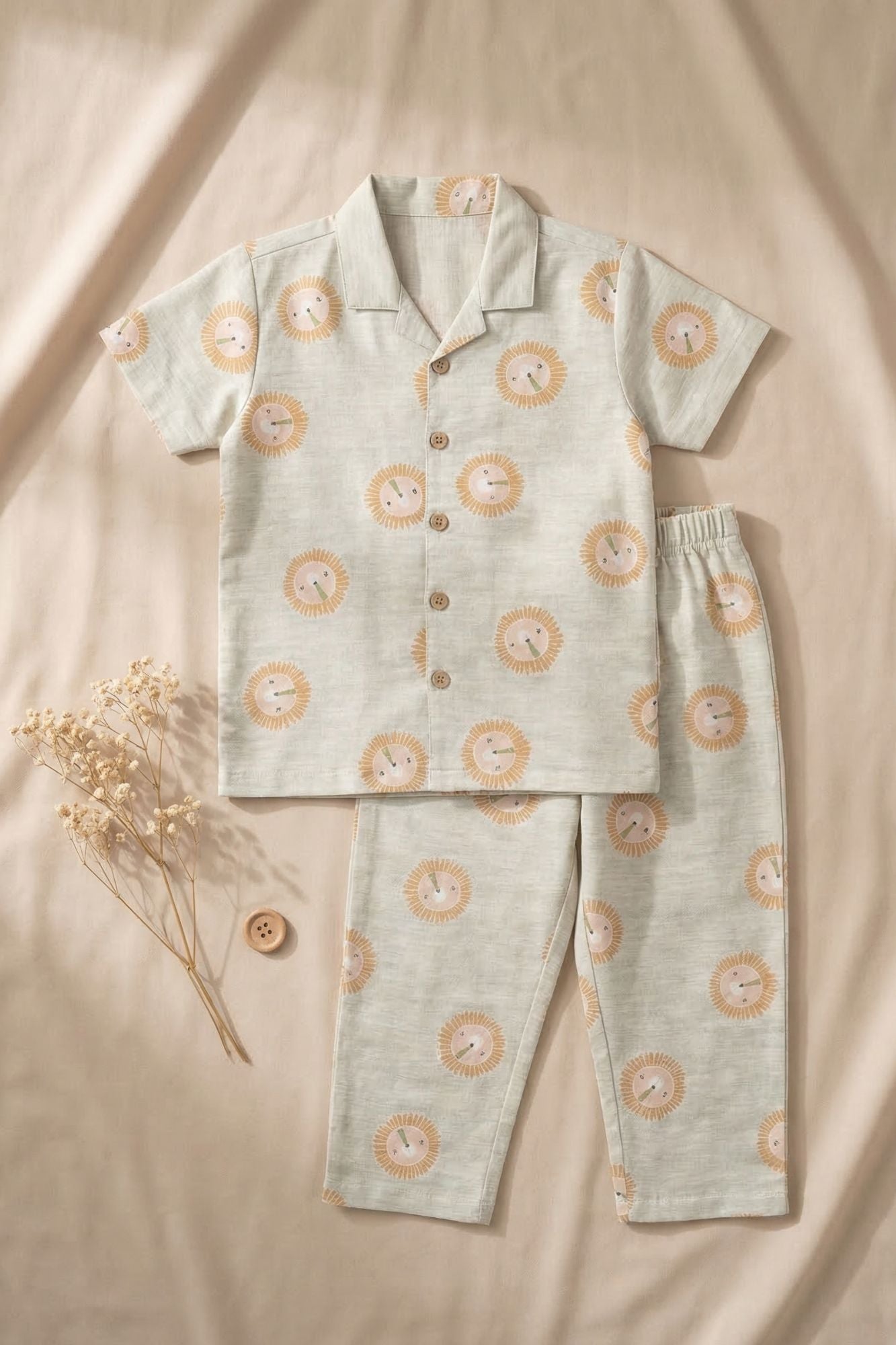 Beige Lion Print Cotton Night Suit Set For Boys