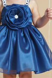 Peacock Blue Floral Embellished And Pearl Work Frock For Girls