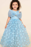 Sky Blue 3D Floral Appliqué Party Gown With Pleated Bow And Butterfly Brooch For Girls