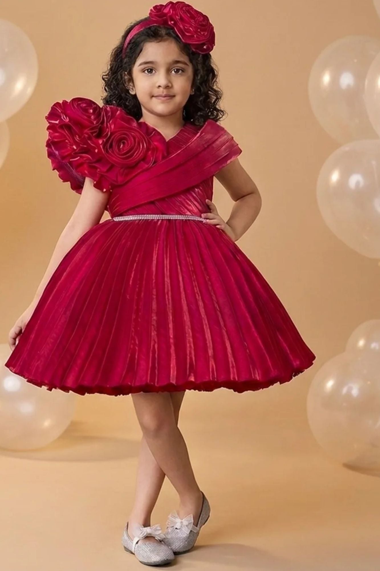Red Floral Appliqué Pleated Party Wear Frock for Girls