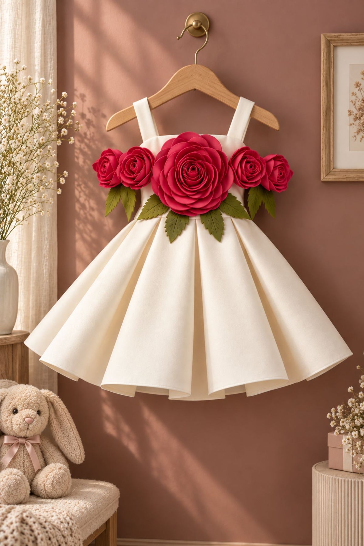 Girls Fawn 3D Floral Applique Party Wear Frock