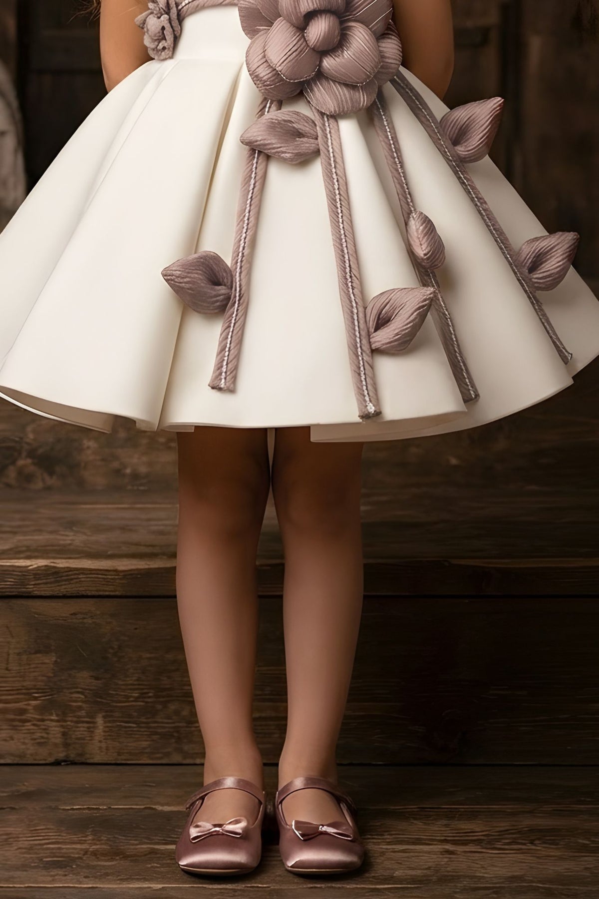 Girls Ivory And Mauve Floral Applique Party Wear Frock