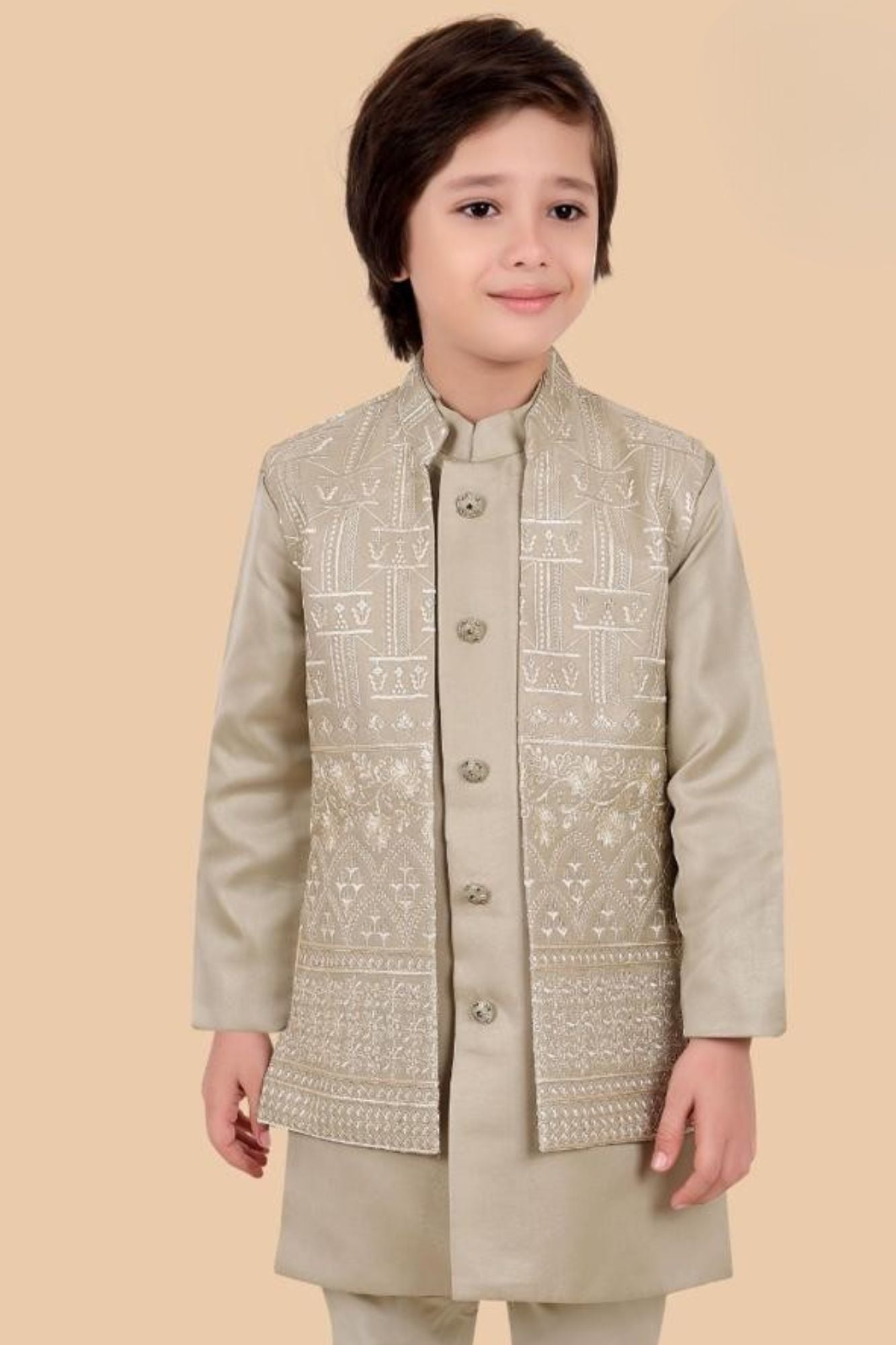 Boys Fawn Embroidered Kurta Set with Jacket