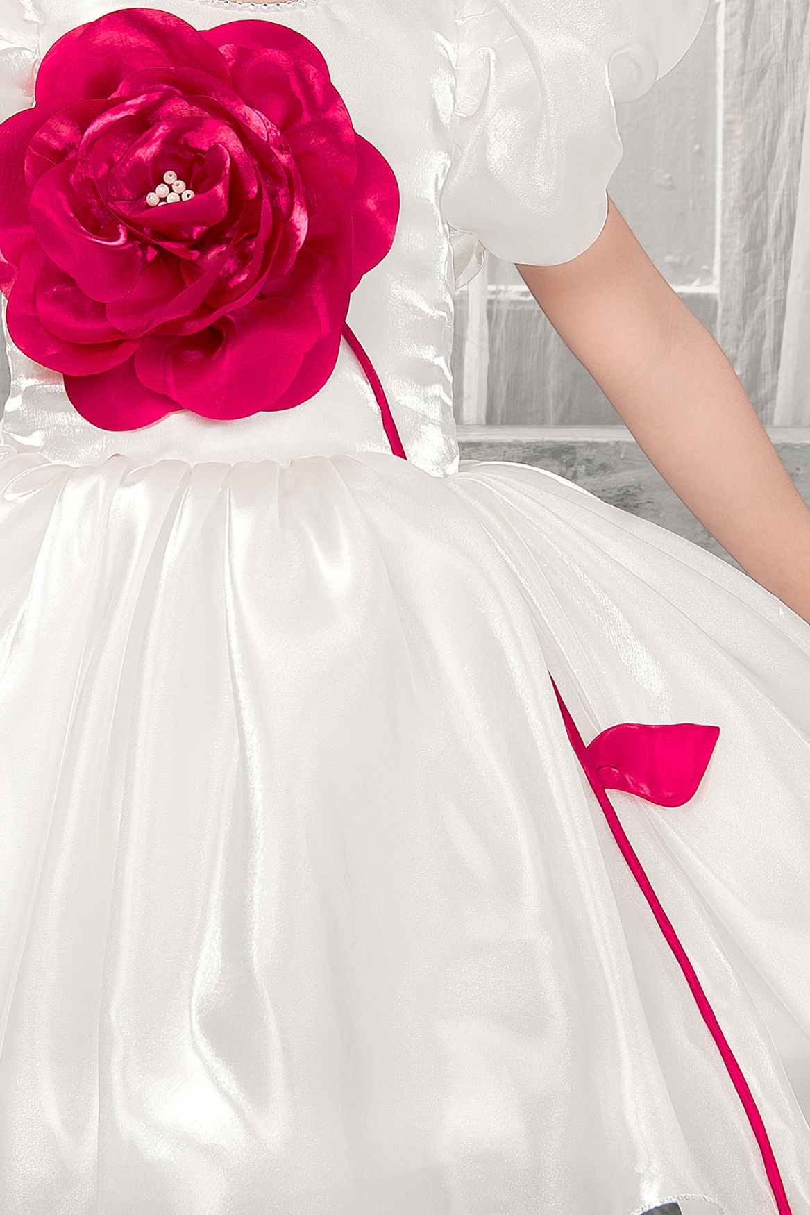White Satin Puff Sleeve Dress With 3D Red Flower For Girls