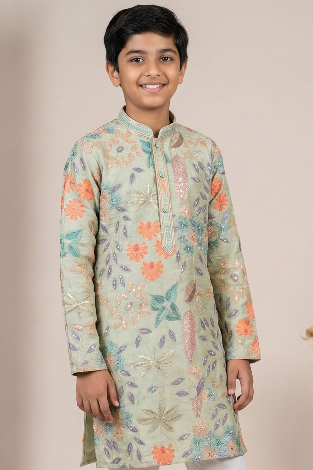 Boys Green Floral Embroidered Kurta Set with Cream Pyjama