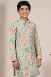 Boys Green Floral Embroidered Kurta Set with Cream Pyjama