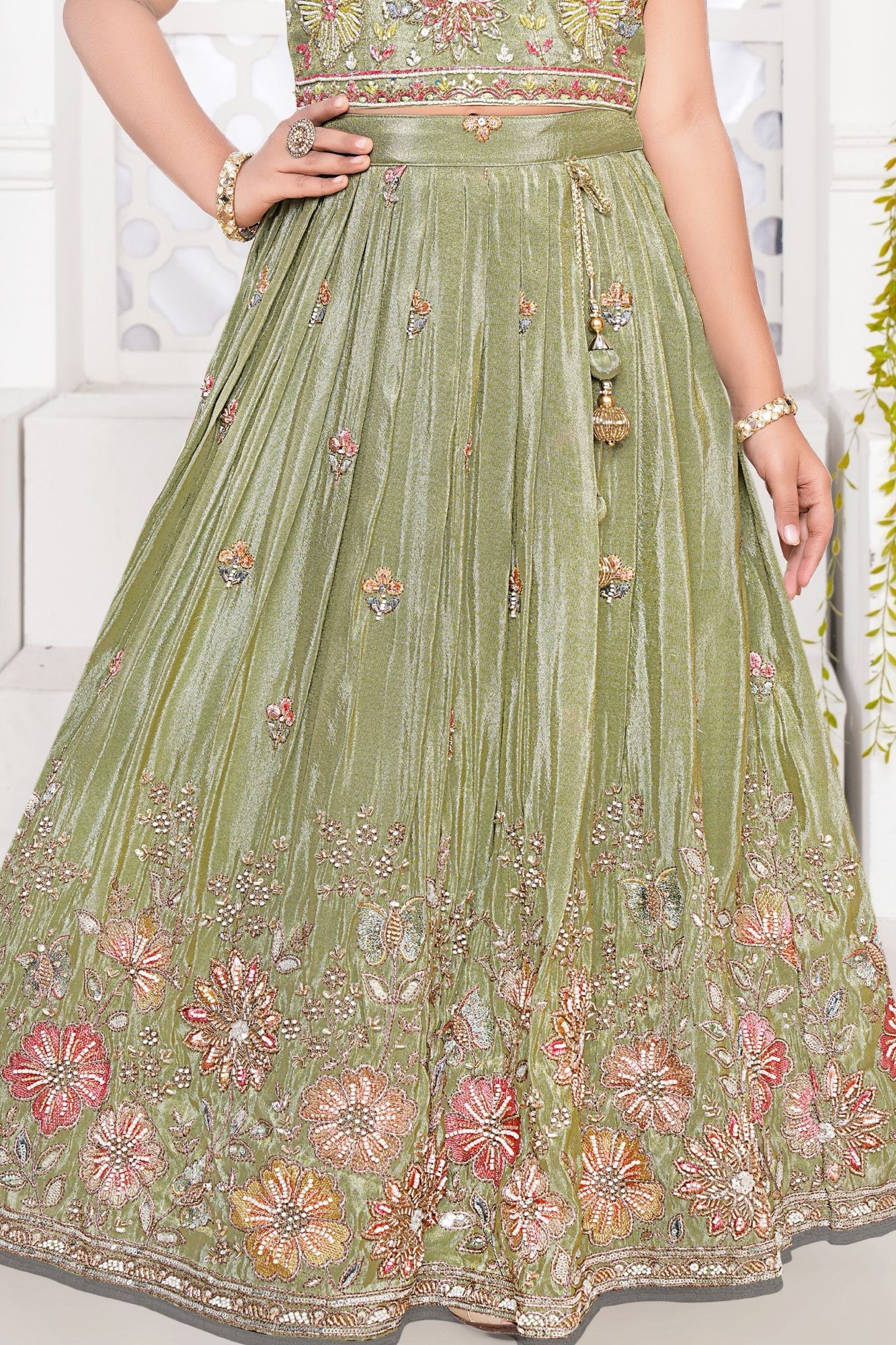 Girls Green Floral Embroidered Lehenga Choli Set