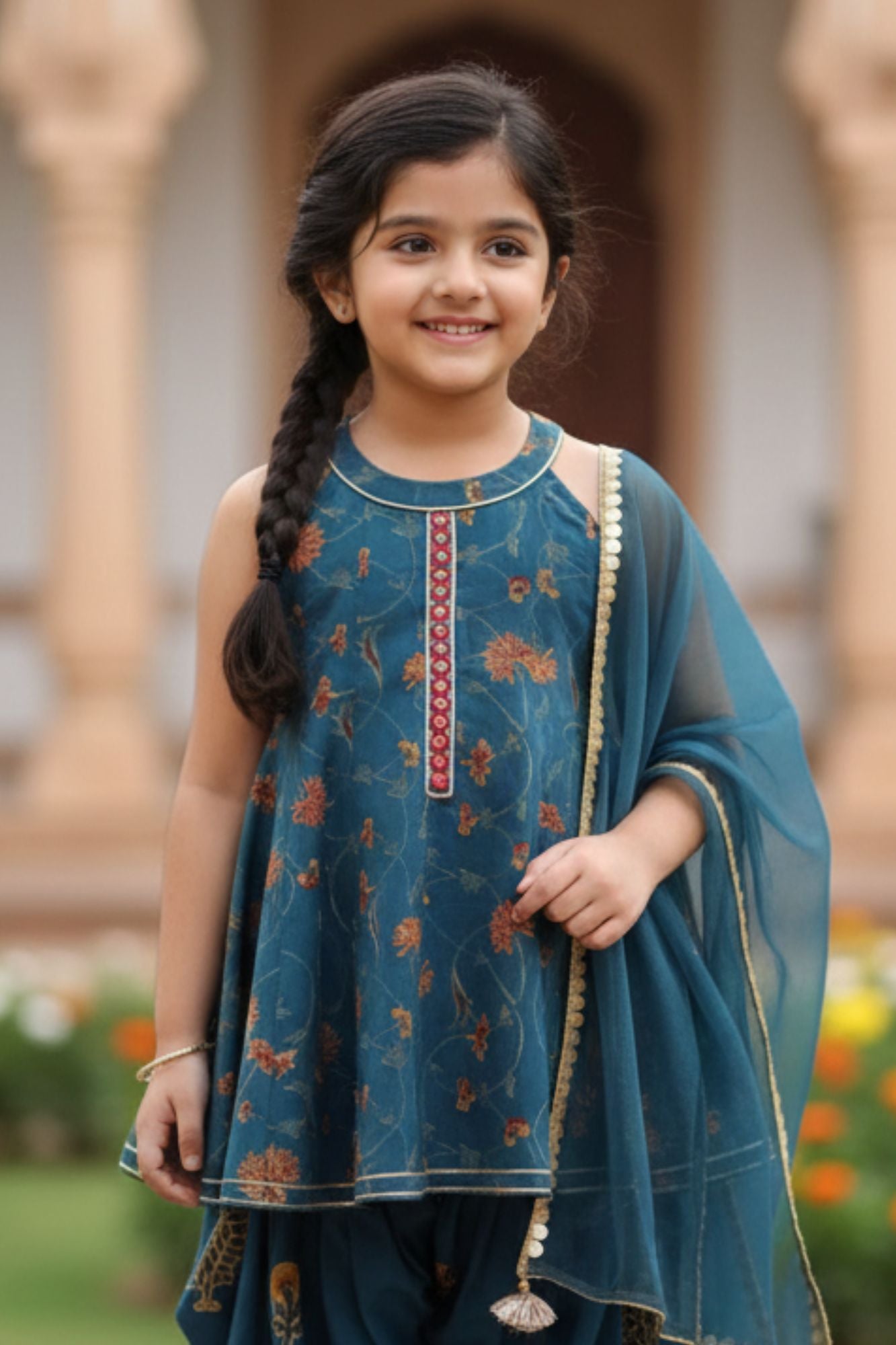 Girls Teal Blue Printed Kurti with Dhoti Pants Set