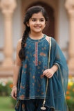 Girls Teal Blue Printed Kurti with Dhoti Pants Set