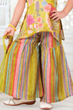Yellow Floral Kurti and Striped Sharara Set With Dupatta For Girls