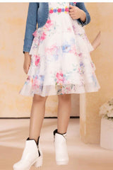 White Sleeveless Floral Printed Frock With Denim Overcoat For Girls