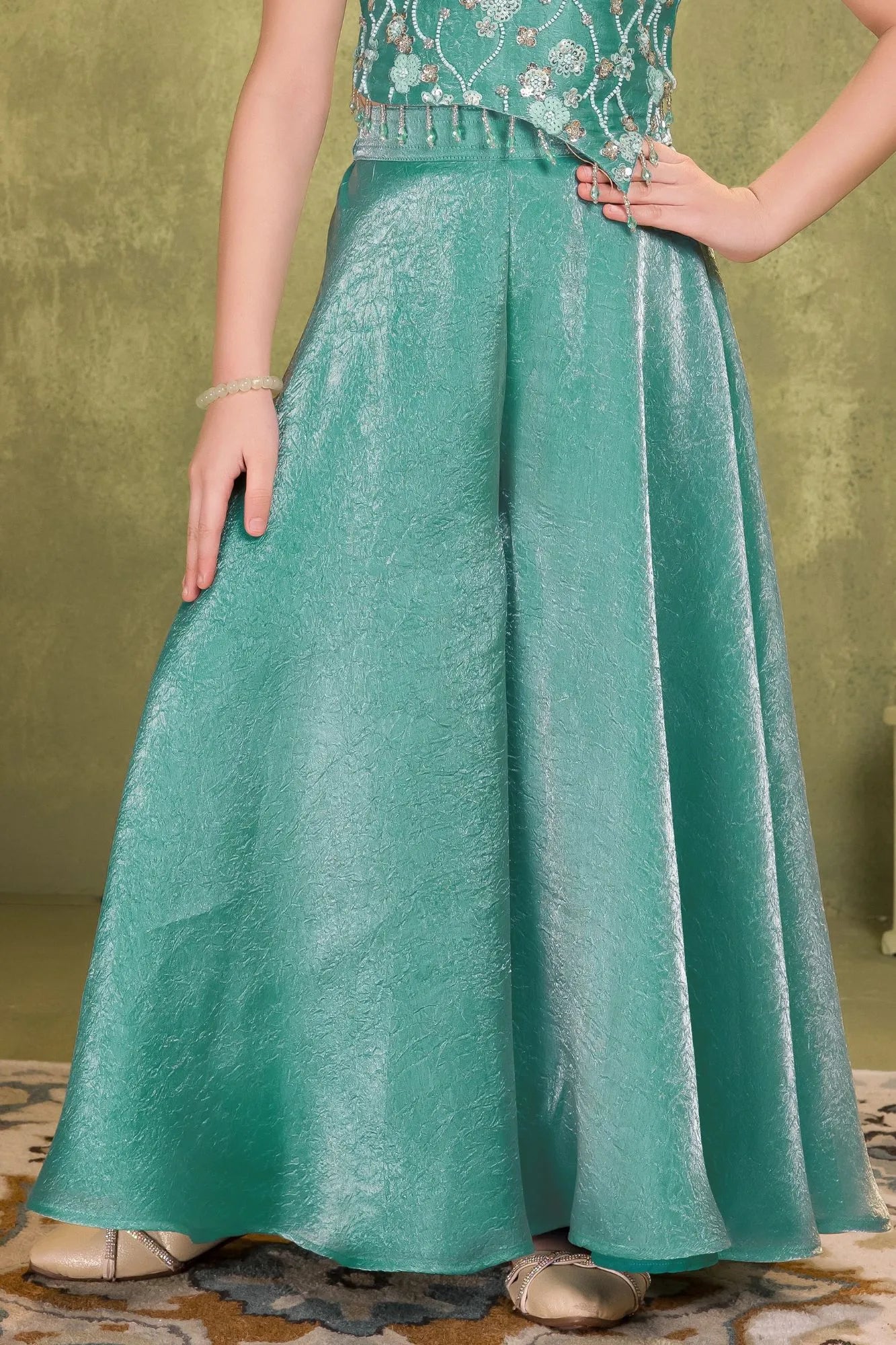 Aqua Blue Organza Palazzo Set with Bead & Sequins Work Top For Girls