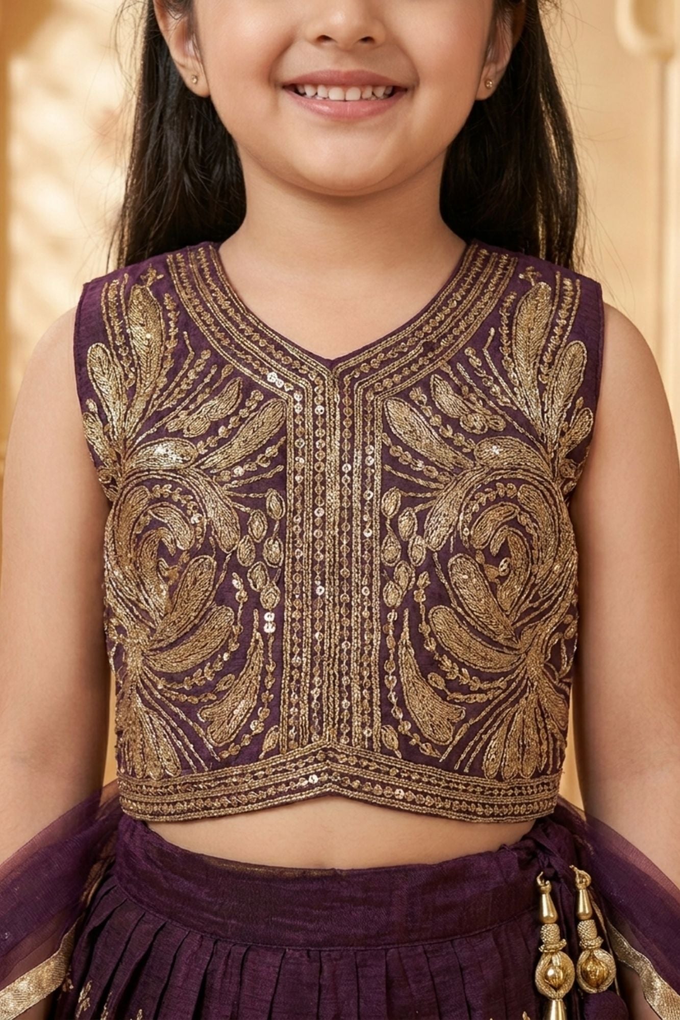 Girls Wine Embroidered Lehenga Choli with Dupatta