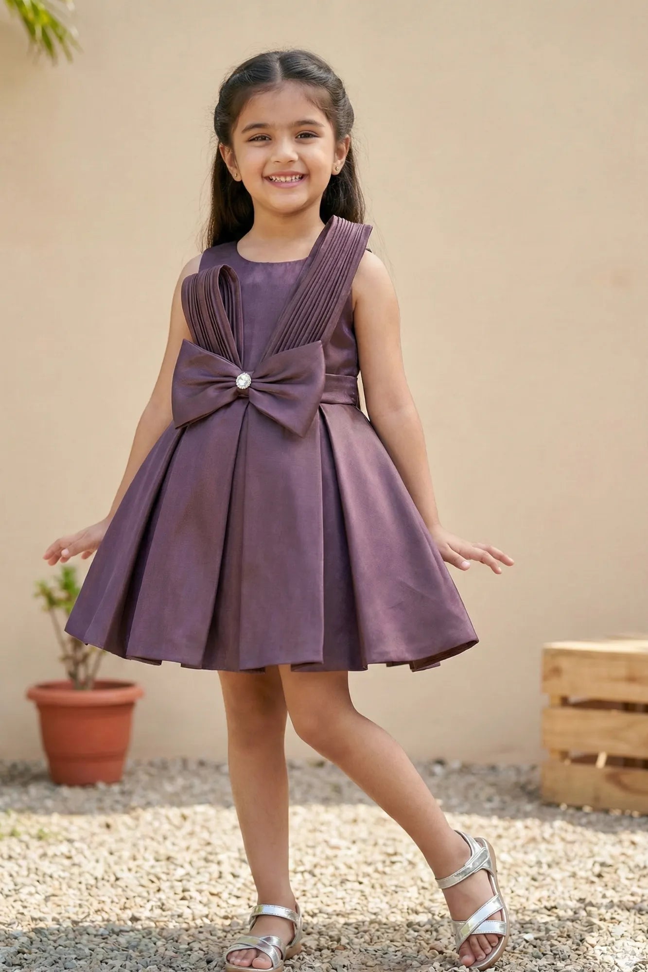 Organza Wine Frock With Bow Embellished For Girls