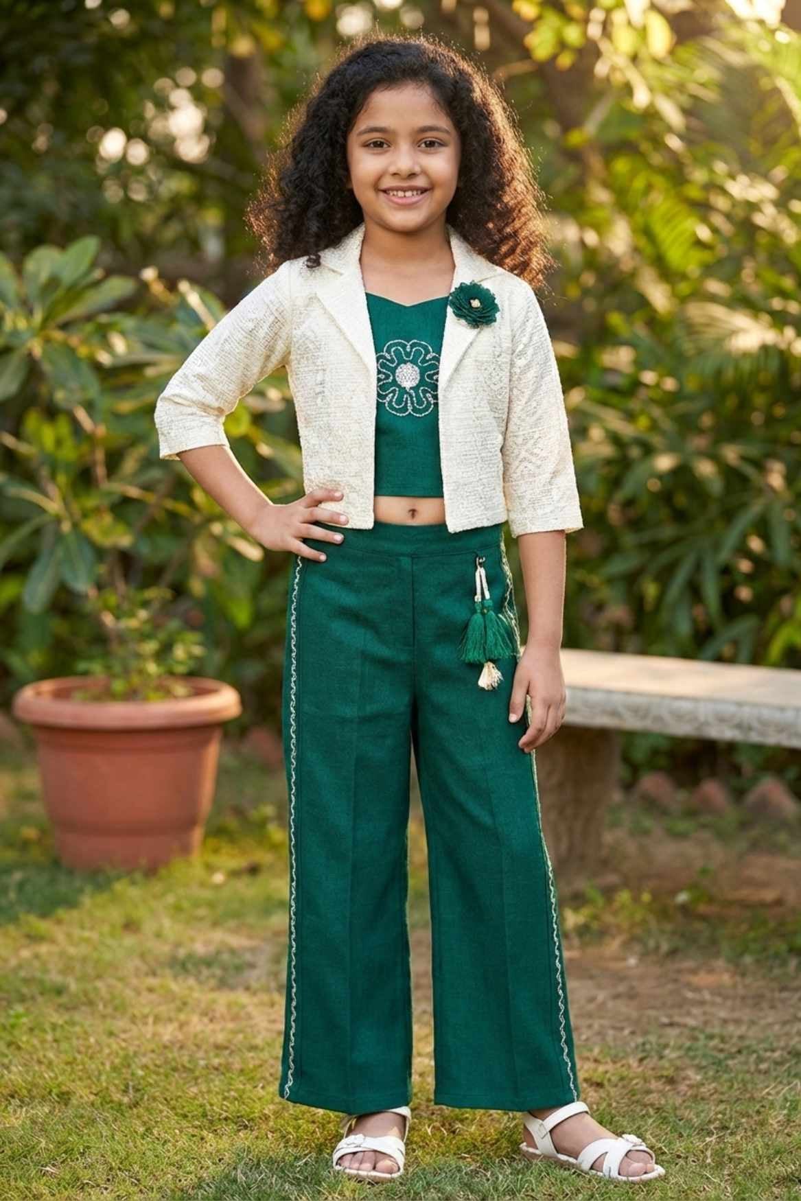 Teal Green Co-Ord Set with Lace Cropped Jacket For Girls
