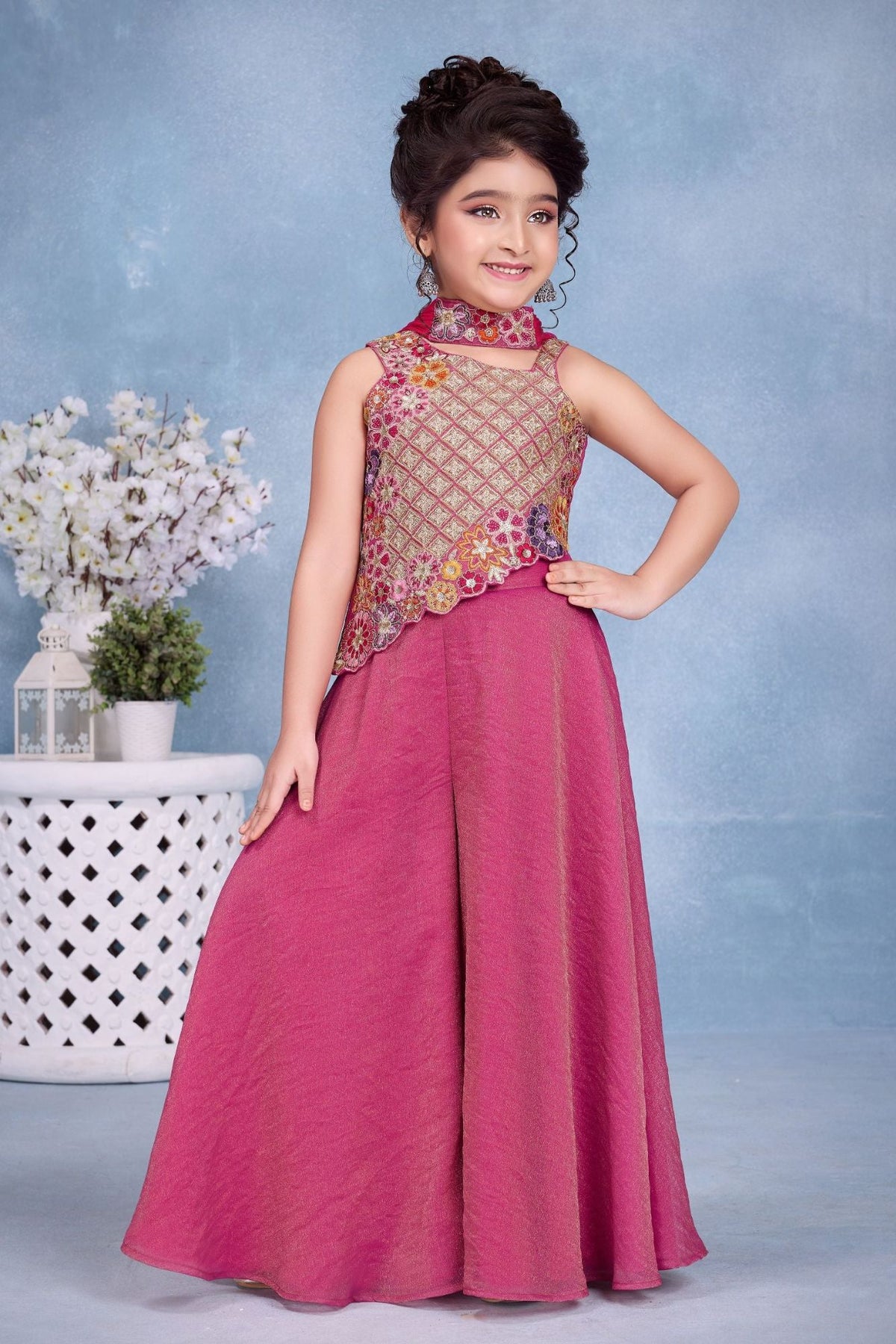 Girls Pink Multicolor Floral  Embroidered Asymmetric Palazzo Set With Dupatta