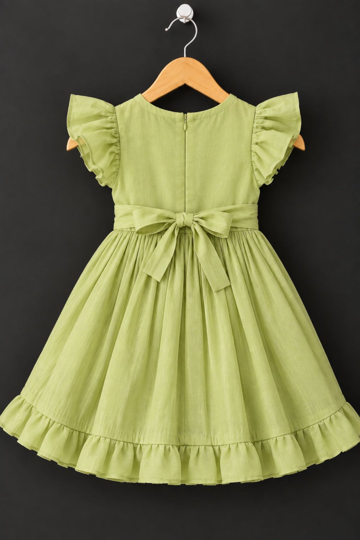 Pista Green Floral Embroidered Flared Dress For Girls