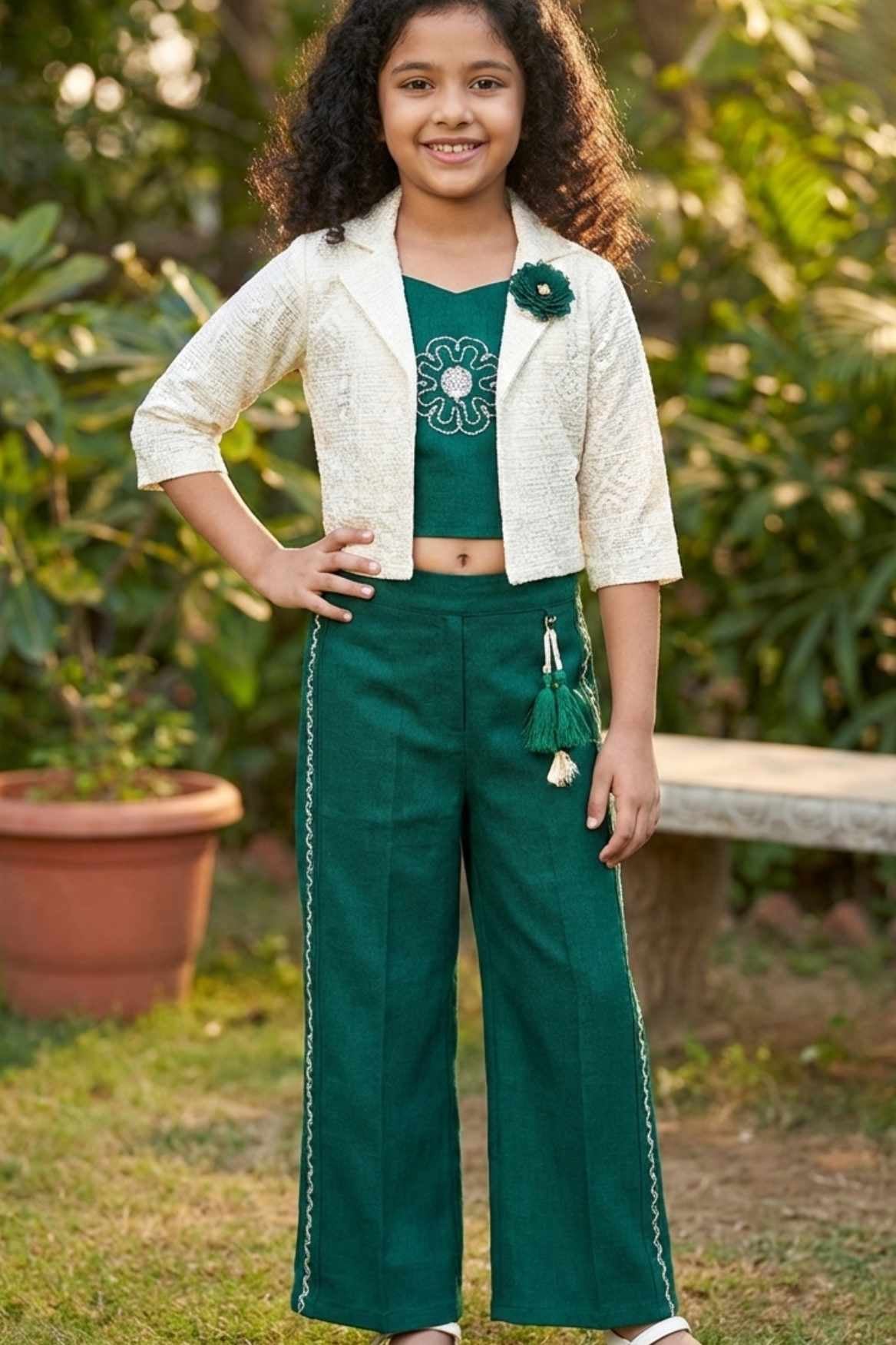 Teal Green Co-Ord Set with Lace Cropped Jacket For Girls