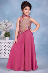Girls Pink Multicolor Floral  Embroidered Asymmetric Palazzo Set With Dupatta