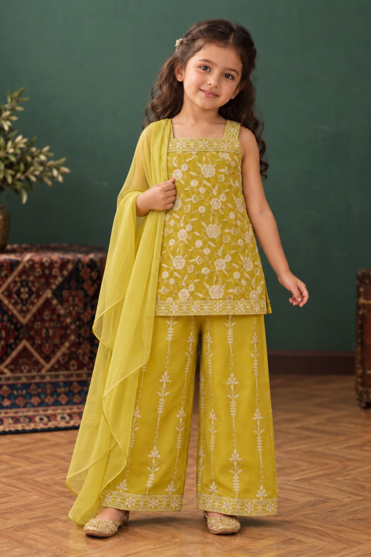 Girls Lemon Green Floral Embroidered Palazzo Set with Dupatta