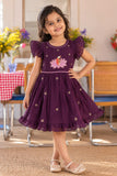 Girls Deep Purple Floral Embroidered Flared Dress